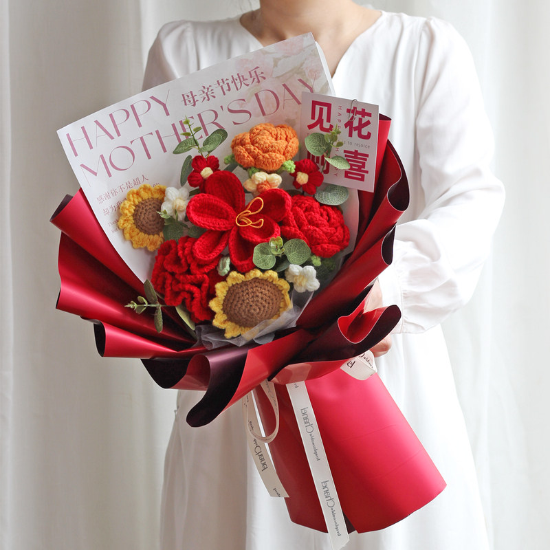 趣璟母亲节康乃馨编织针织花毛线花束成品生日礼物送女友闺蜜妈妈