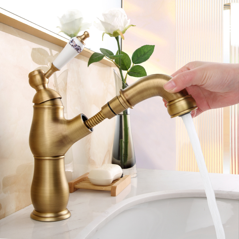 欧式复古抽拉式全铜仿古台上盆水龙头冷热洗脸盆洗手池面盆水龙头
