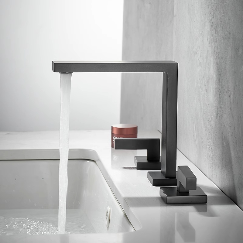 北欧简约面盆台上洗手盆全铜方形黑色三孔分体式冷热水龙头三件套
