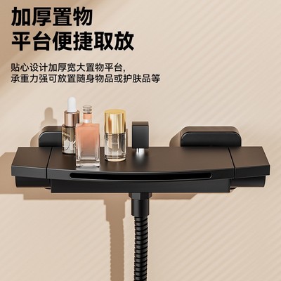 全铜浴缸龙头墙出枪灰色明装瀑布金色挂墙淋浴花洒三联冷热水龙头