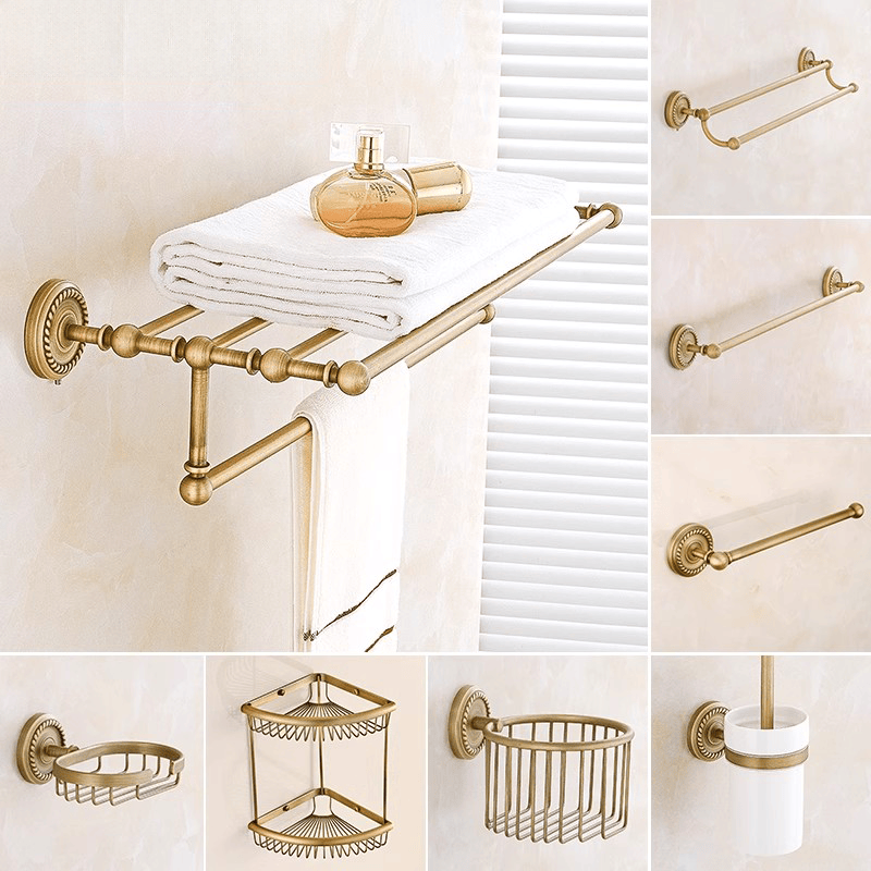 全铜仿古毛巾架复古卫生间浴室五金挂件套装美式壁挂置物架免打孔