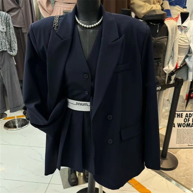 高级感休闲西装外套套装裙 秋季小个子A字半身裙马甲百褶裙三件套