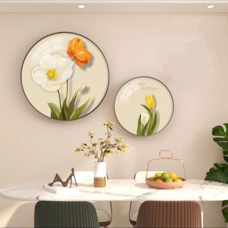 餐厅装饰画北欧小清新组合挂画创意花朵饭厅背景墙面卧室圆形壁画图片