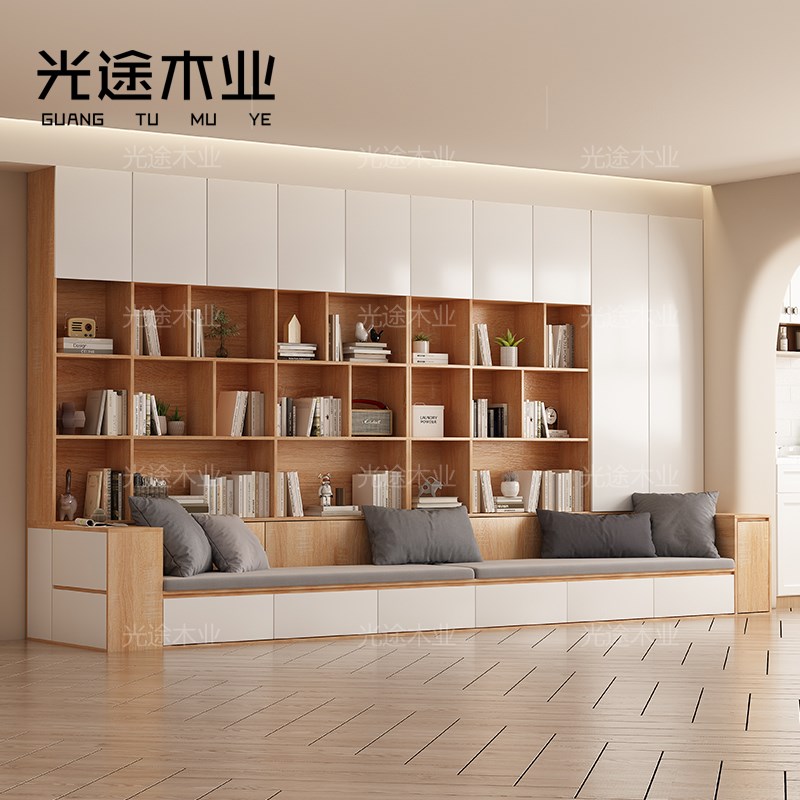沙发书柜一体客厅墙柜书橱组合家用多功能卡座书架背景储物柜定制
