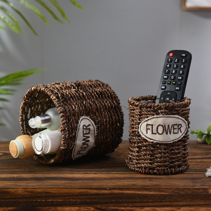 草编藤编办公韩国复古桌面收纳盒创意时尚多功能插花笔筒书房摆件