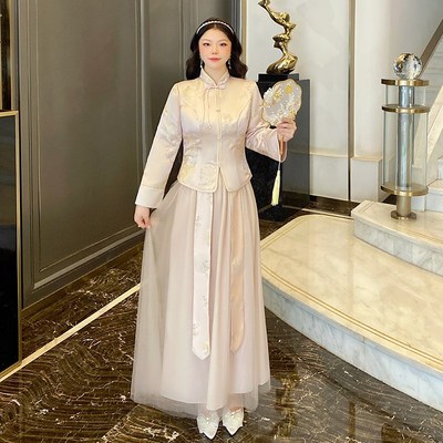 中式大码伴娘服2024新款复古中国风长袖秀禾显瘦姐妹服伴娘团礼服