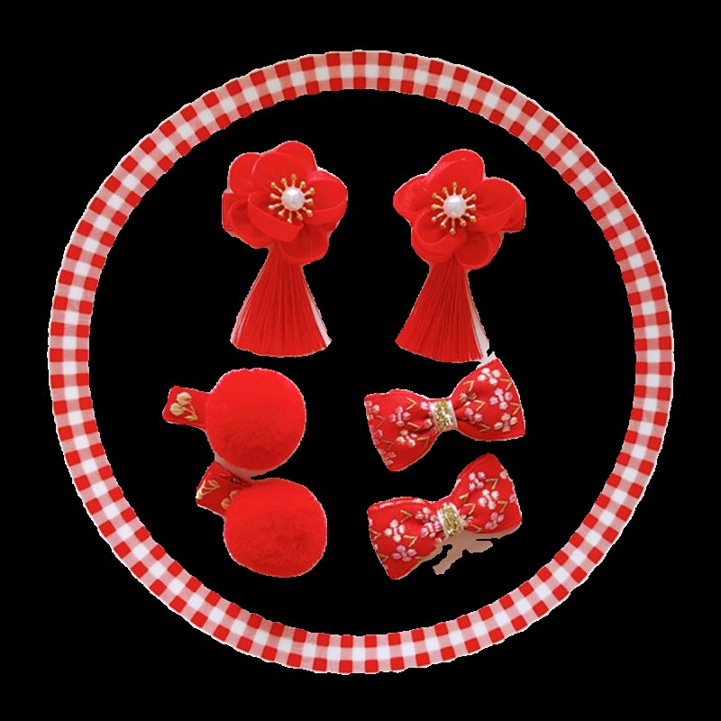 女宝宝红色周岁头饰婴儿汉服抓周发夹新年发饰女童中国风旗袍夹子