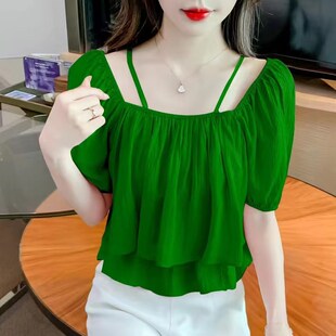 雪纺衬衫 新款 方领短袖 女2023夏季 设计感小众修身 显瘦漂亮洋气小衫