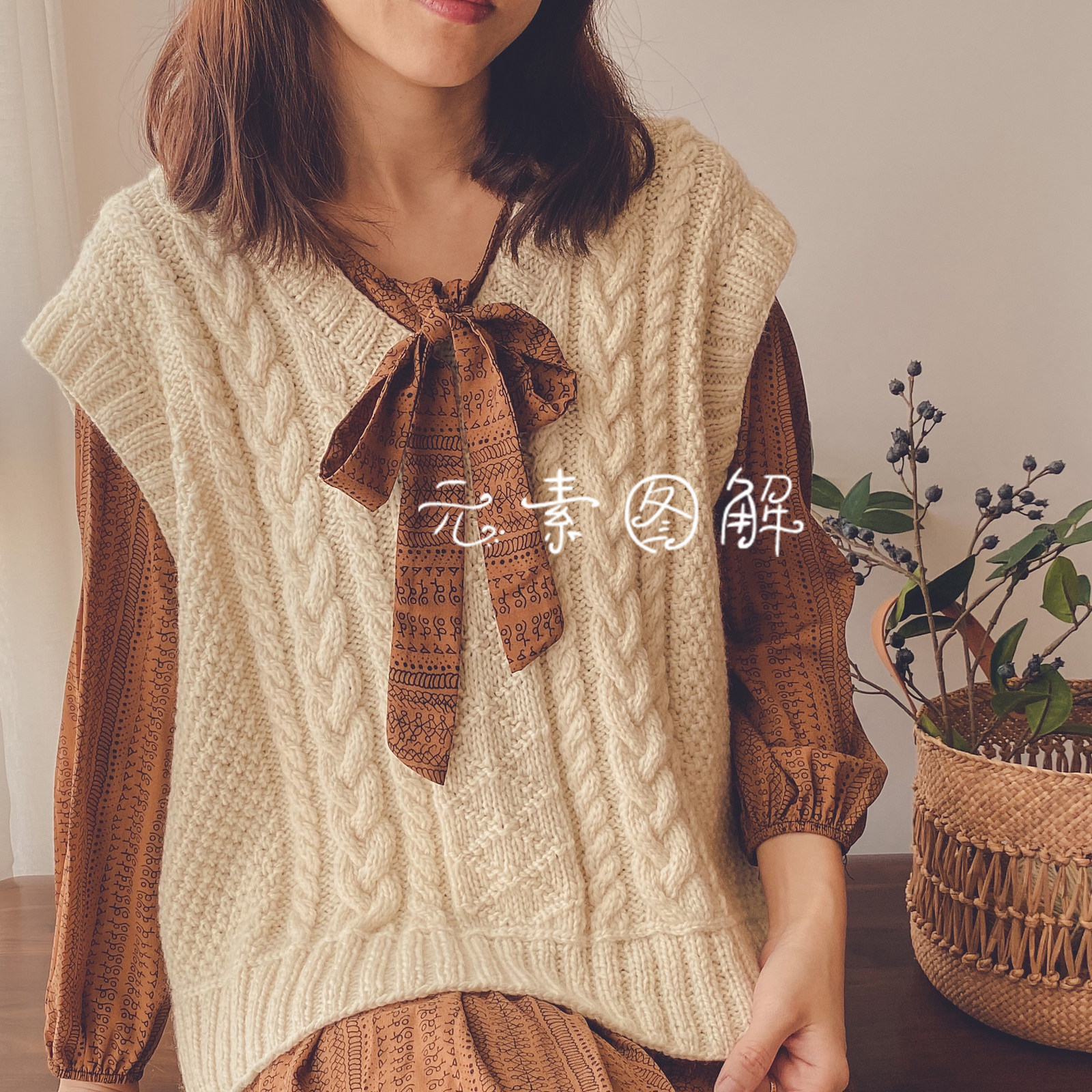 莱纳背心图解 V领麻花休闲叠穿 女士毛衣编织图解教程棒针文字版