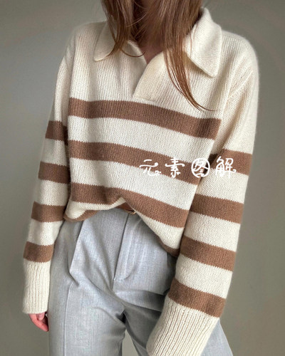 晨昏套衫图解 女士条纹翻领落肩袖毛衣图解编织教程文字图解教程