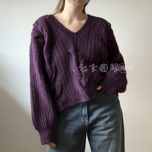[英文]largo V neck图解 女士V领麻花套衫毛衣编织图解文字教程
