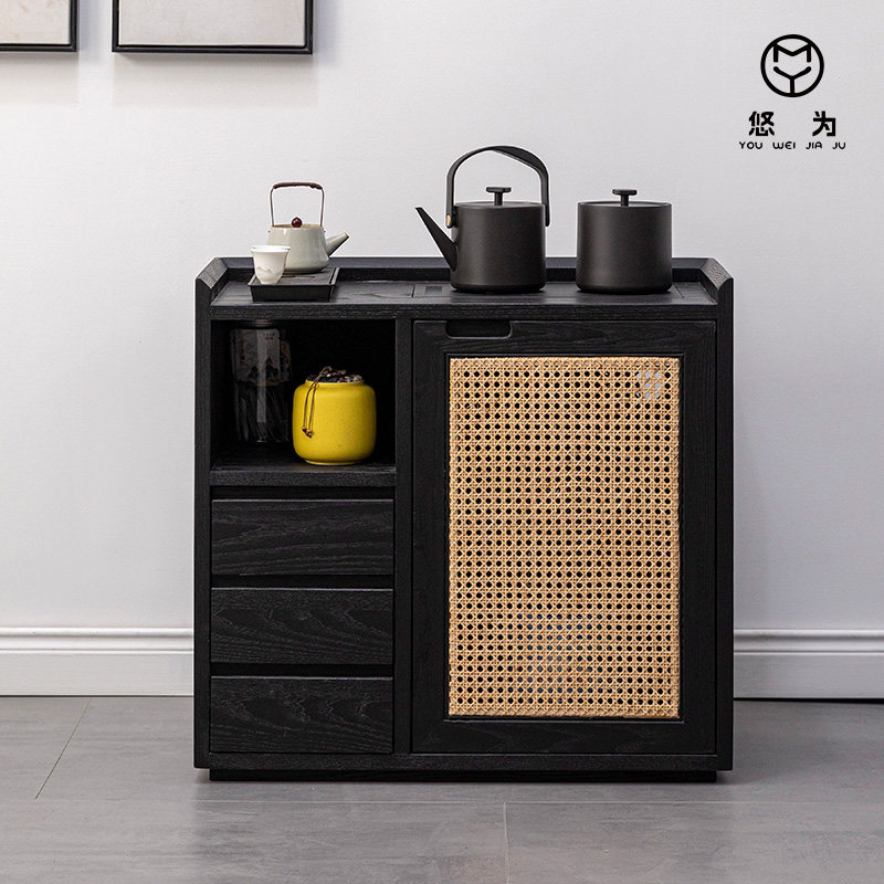 侘寂风白蜡木实木黑色茶水柜烧水一体小型茶台侧边柜藤编烧水柜,商业/办公家具,办公茶水柜,淘宝优惠券,粉丝福利购,淘宝优惠卷