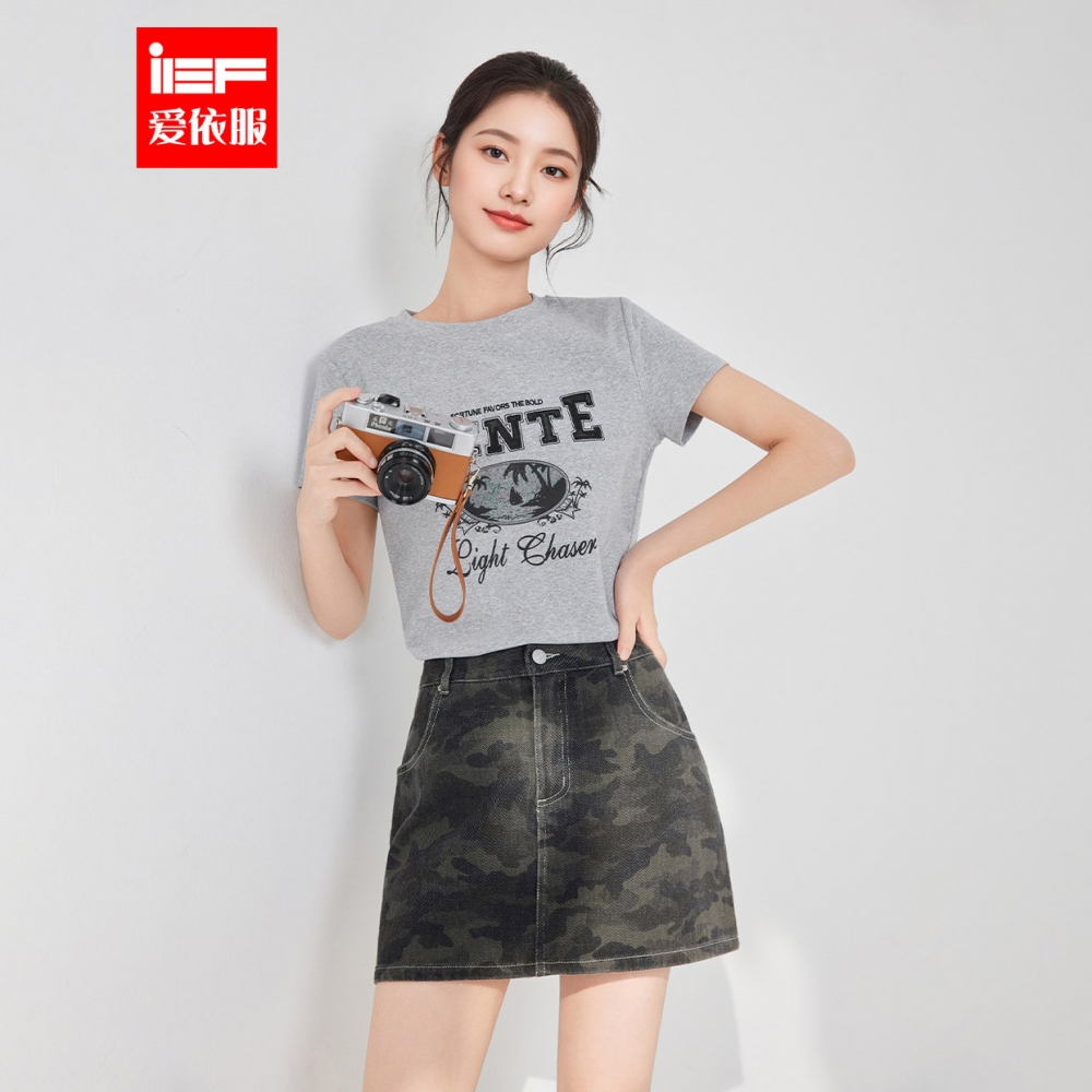 IEF/爱依服套装2025夏季新款通勤美式休闲运动迷彩工装女上下套裙