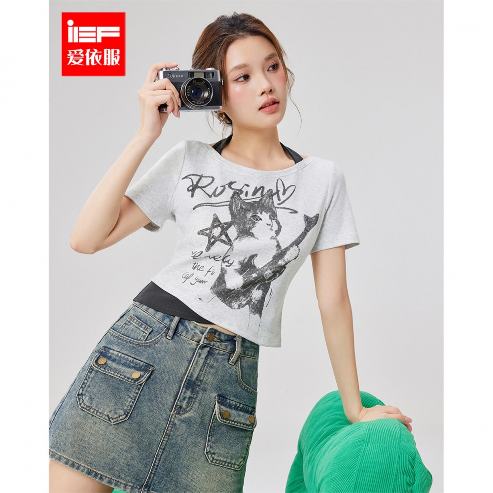 IEF/爱依服2025夏季新款美式甜酷个性辣妹气质时尚猫咪印花上衣