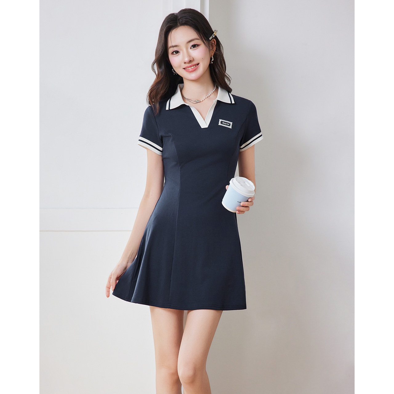 IEF/爱依服【小个子】休闲运动学院风网球服连衣裙夏日撞色印花裙
