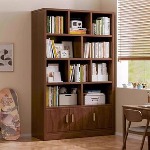 实木书架落地置物架一体靠墙柜子客厅家用储物收纳柜多层带门书柜