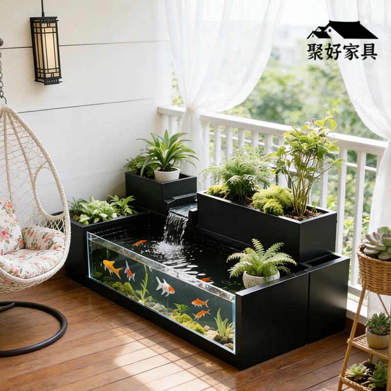 阳台流水鱼池花箱落地钢化玻璃鱼缸露台庭院水循环不锈钢水池摆件