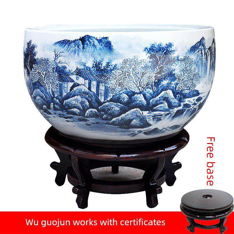 手绘名师吴国钧作品宝盆景德镇陶瓷鱼缸龟缸睡莲字画缸