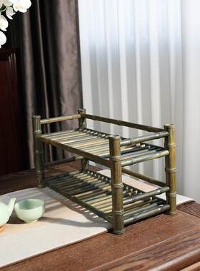 绿檀木双层茶杯沥水架红木茶具收纳层架桌面展示架子实木功夫茶摆