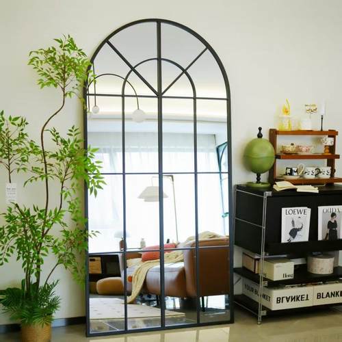 法式复古铁艺壁挂装饰镜玄关挂墙客餐厅镜假窗户落地全身穿衣镜子