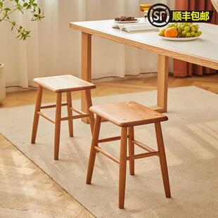 YiGe实木方凳新中式樱桃木小凳子矮凳家用原木餐厅凳橡木梳化妆凳