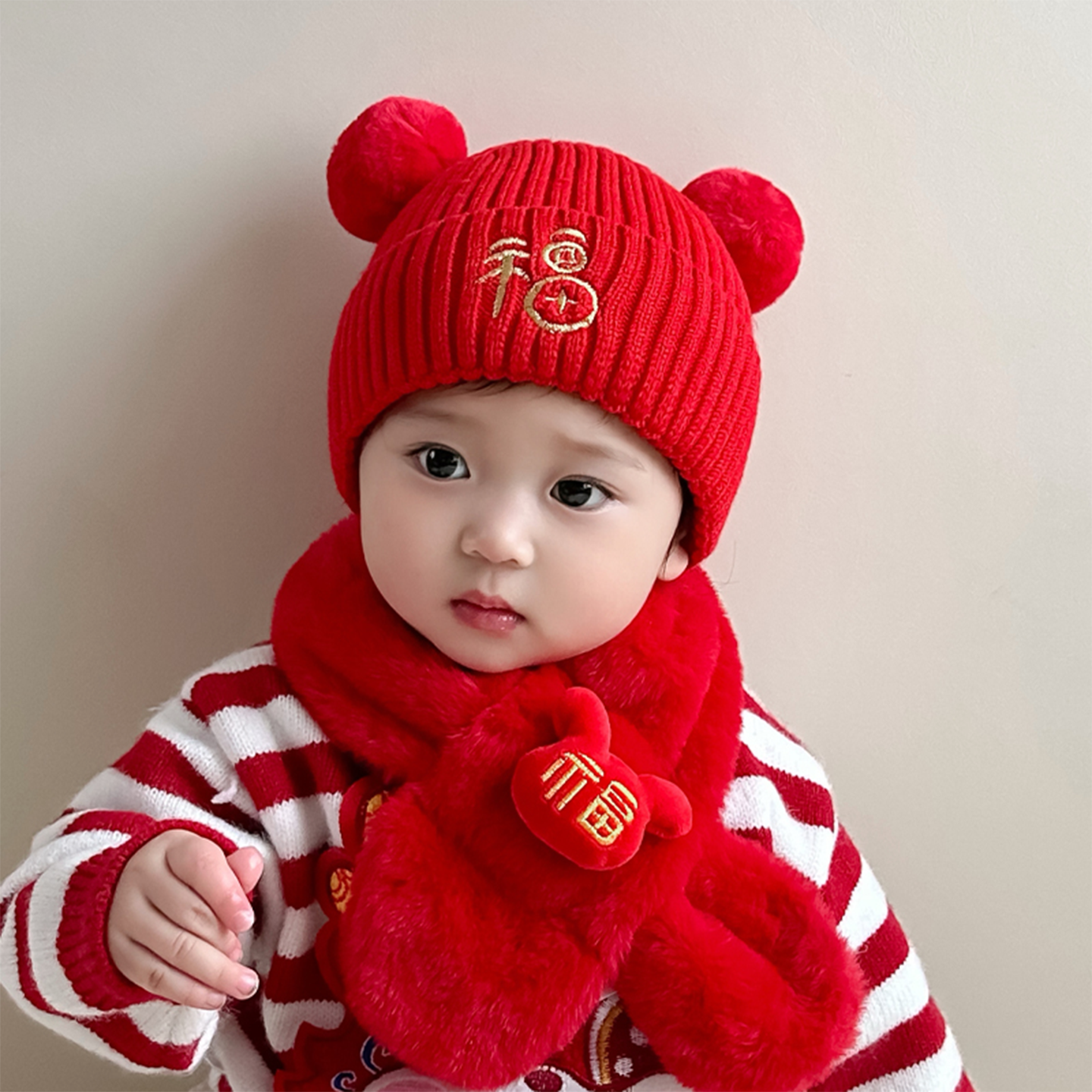 冬季婴儿帽子秋冬红色新年针织帽幼儿毛线男女宝宝过年周岁套头帽