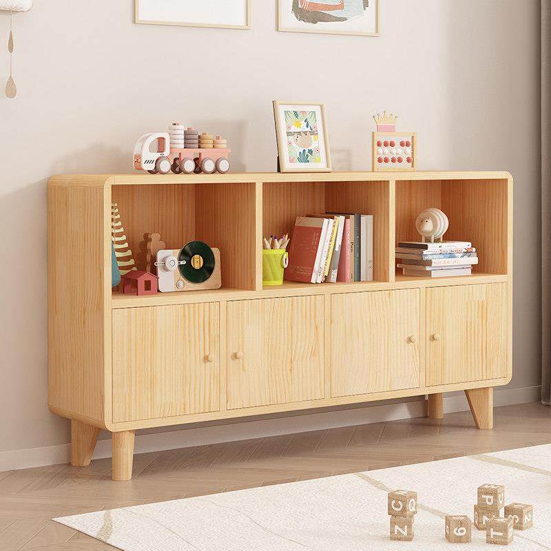 实木落地书柜简约松木书架带门收纳格子一体柜简易储物矮柜置物架