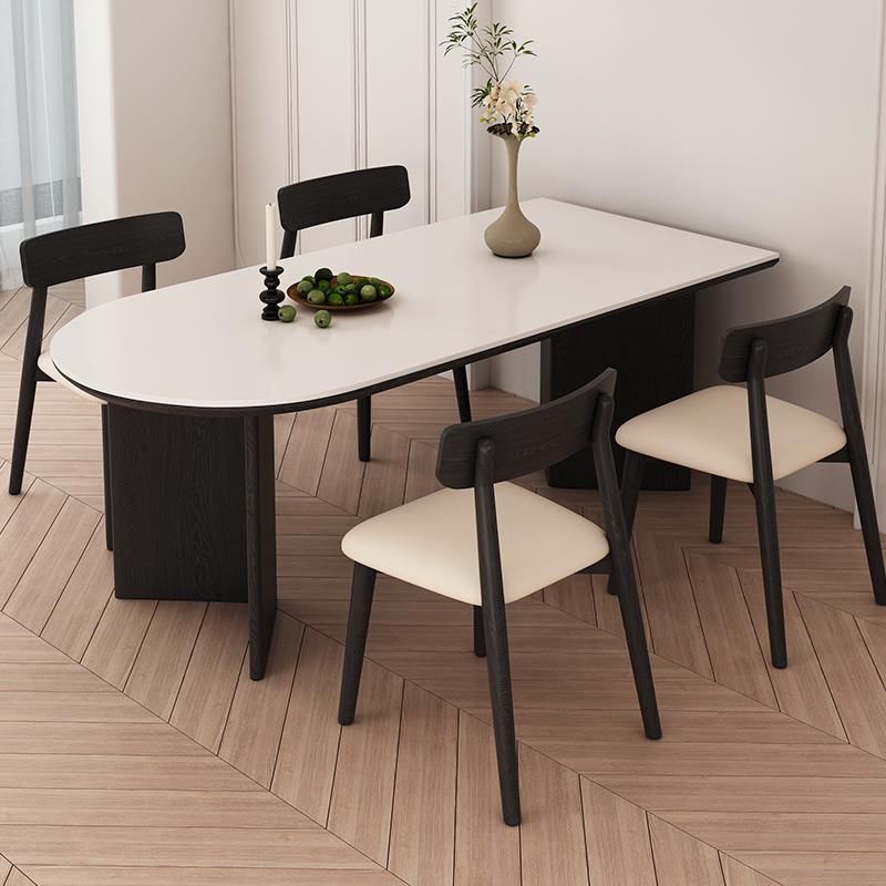 复古网红风岩板实木餐桌椅组合家用餐厅现代简约半圆长方形吃饭桌