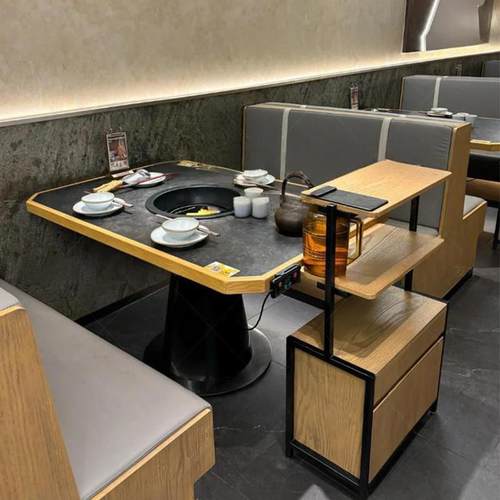 火锅店烧烤桌实木包边嵌入式电磁炉火锅桌无烟净化下排烟烤肉桌椅