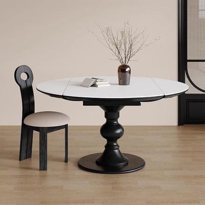 复古实木岩板伸缩餐桌椅组合家用小户型现代简约黑色方圆两用餐桌