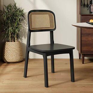 中古藤编餐椅家用卡曼藤椅北欧靠背椅子设计师复古黑色实木餐桌椅
