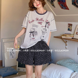 甜美可爱卡通家居服套装 睡衣女夏季 丝光棉豹纹短裤 薄款 可外穿 短袖