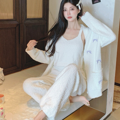 秋冬软绵绵三件套睡衣长袖半边绒