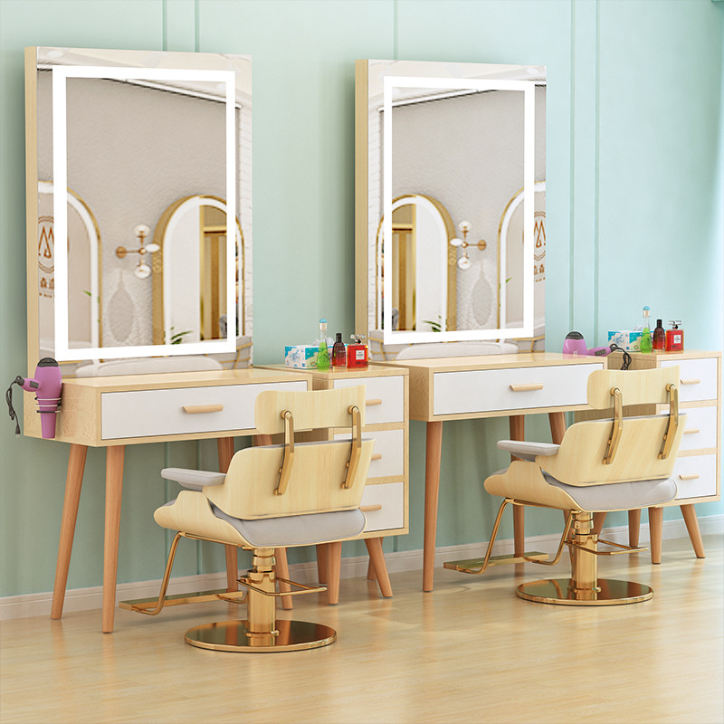 实木北欧理发店单双面镜台带灯网红美容化妆镜发廊家用潮款美发镜