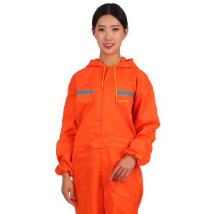 拉链反光条连体工作服防尘防污劳保套装 防溅水 男一体带帽大码 通款