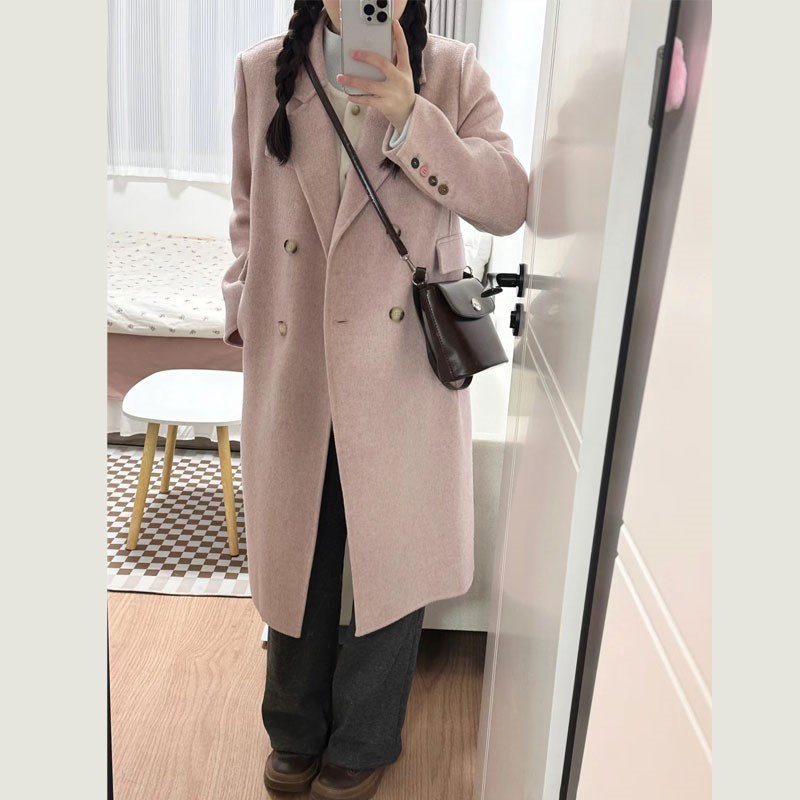 高级感西装毛呢外套中长款小个子女冬季新款宽松正肩粉色呢子大衣