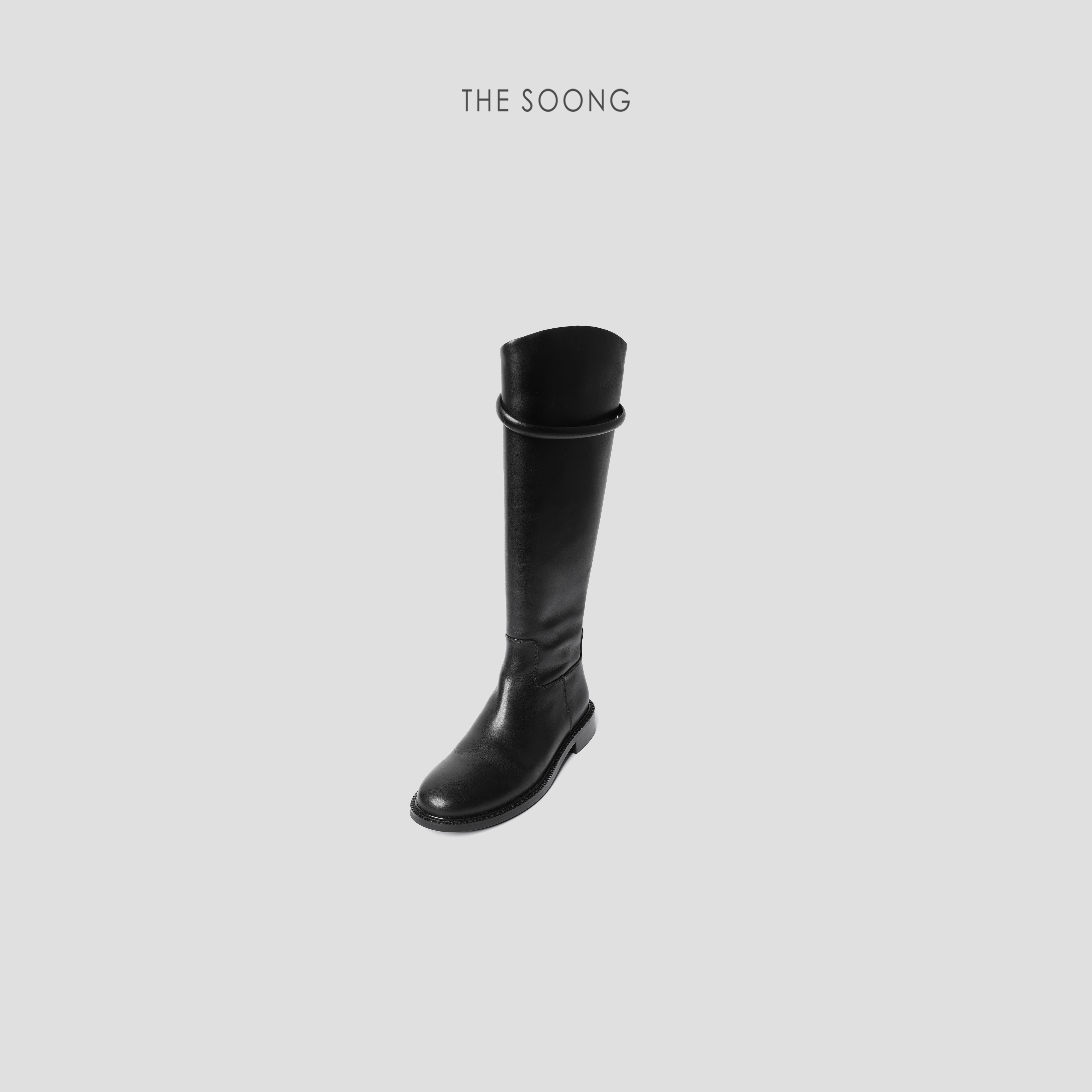 THESOONG/小牛皮高筒靴 设计感秋冬黑色百搭显腿长骑士圆头靴子女