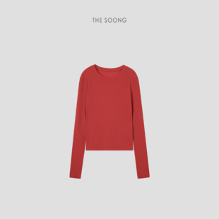 THESOONG T恤上衣女 极简樱桃红 棉质透气肌理感圆领长袖