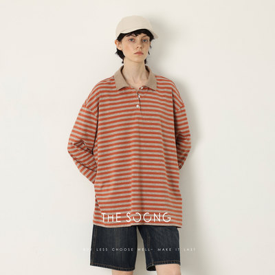 THESOONG/橘子调色盘 美式复古条纹宽松长袖亨利衫