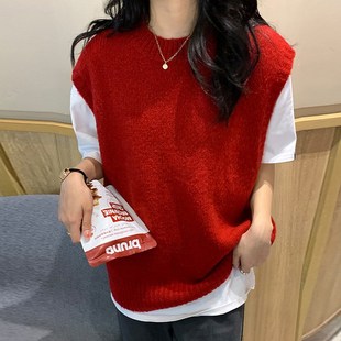 针织马甲 新年洋气毛衣2024龙年正红色毛衣背心温柔风甜美红色无袖