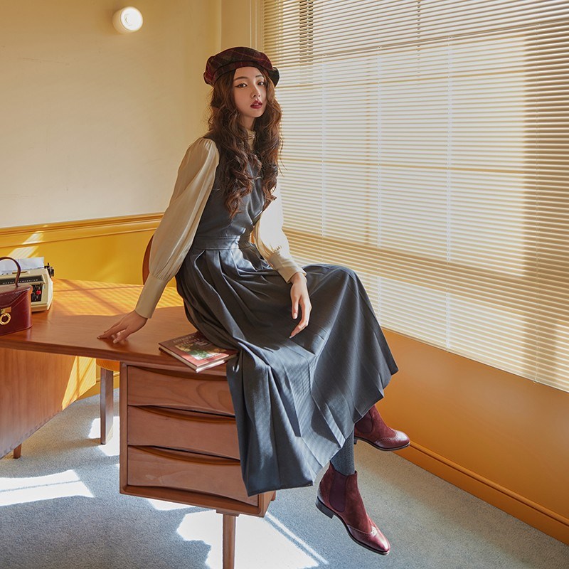 Chings英伦复古毛料内搭百褶背带裙 梨形身材显瘦收腰a字连衣裙春