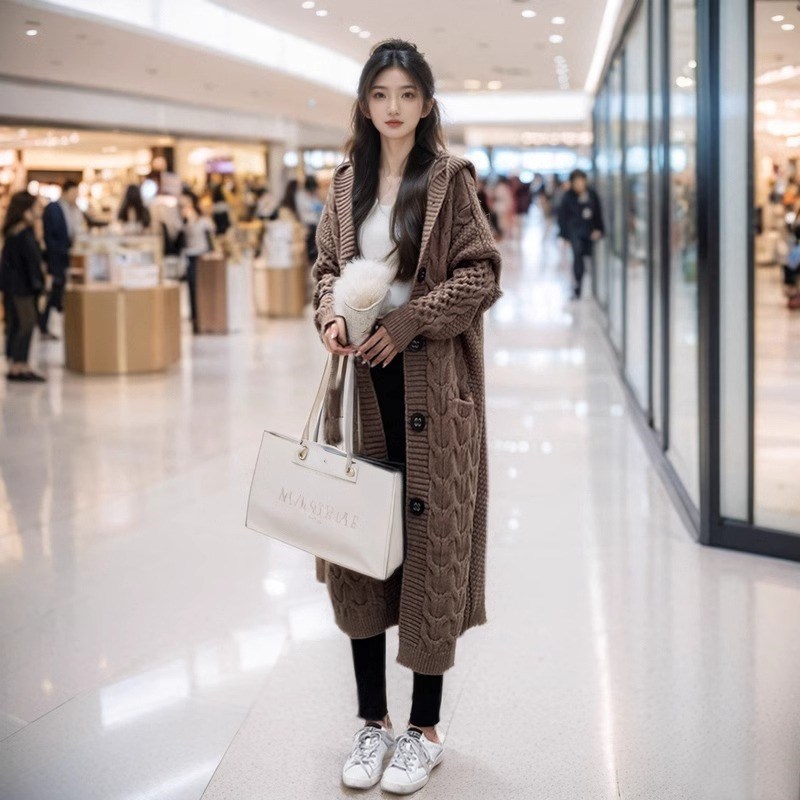 带口袋连帽羊毛衫针织衫外套女开衫长款过膝宽松秋冬加厚粗线毛衣
