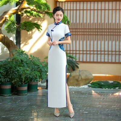 苏雅琪青花瓷长款红色白色改良迎宾礼仪旗袍裙舞台走秀旗袍演出服