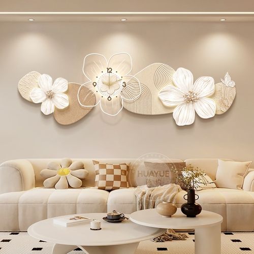 奶油风客厅装饰画创意花卉沙发背景墙挂画高级感带钟表卧室壁画灯
