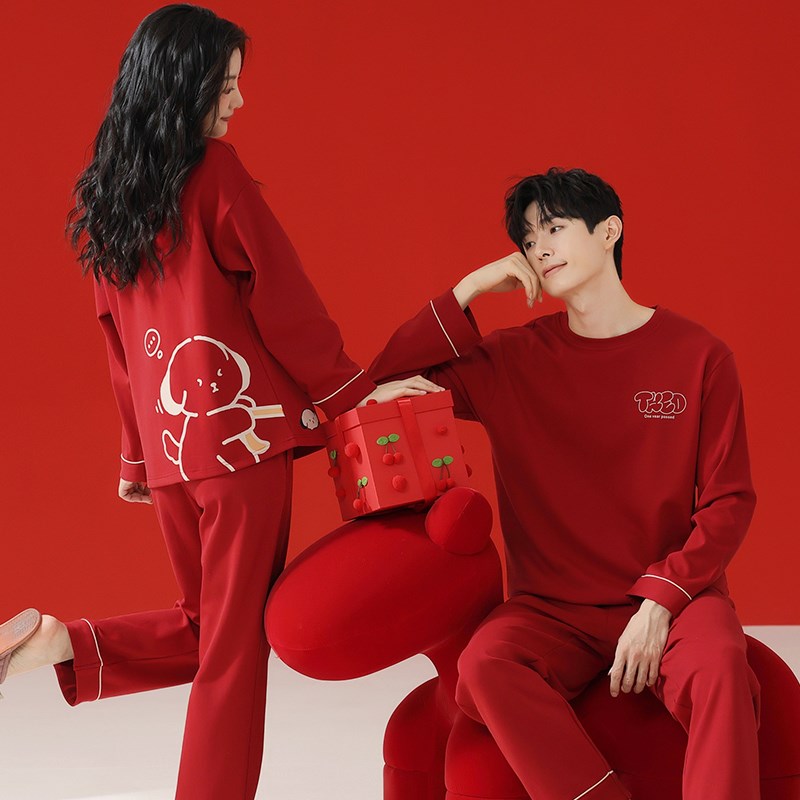 情侣睡衣纯棉春秋季大红色长袖套头新婚喜庆卡通可爱结婚家居服