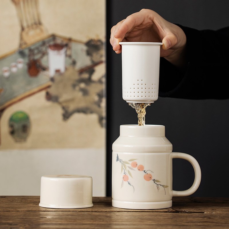 手绘柿子暖壶陶瓷茶杯带盖办公室创意泡茶杯茶水分离过滤定制水杯