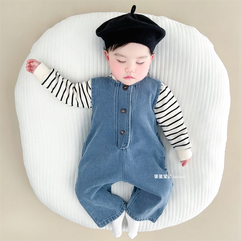婴儿春装男女宝宝衣服超萌洋气连体牛仔背带裤两件套装一岁春秋季