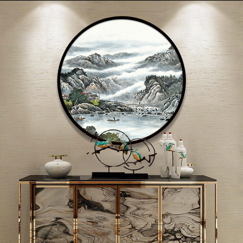 圆形山水挂画客厅水墨装饰画旭日东升迎客松壁画玄关新中式背景墙