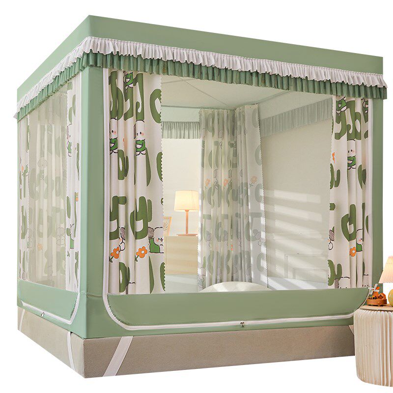 双层蚊帐床帘一体式遮光布家用卧室儿童防摔坐床拉链蒙古包三开门