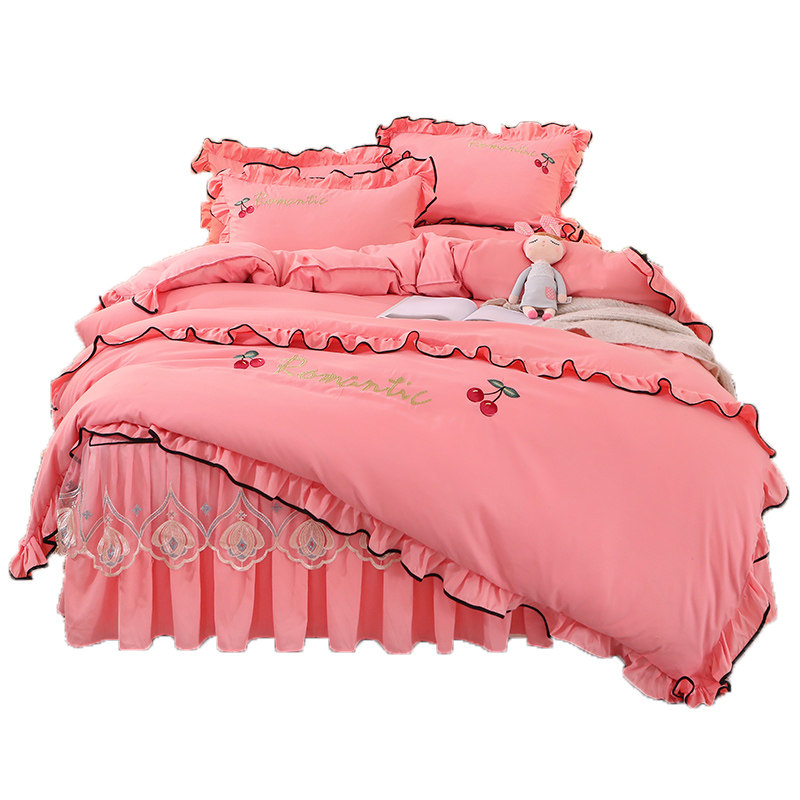 网红款磨毛蕾丝床裙四件套公主风花边被套床单少女心床罩床套1.8m